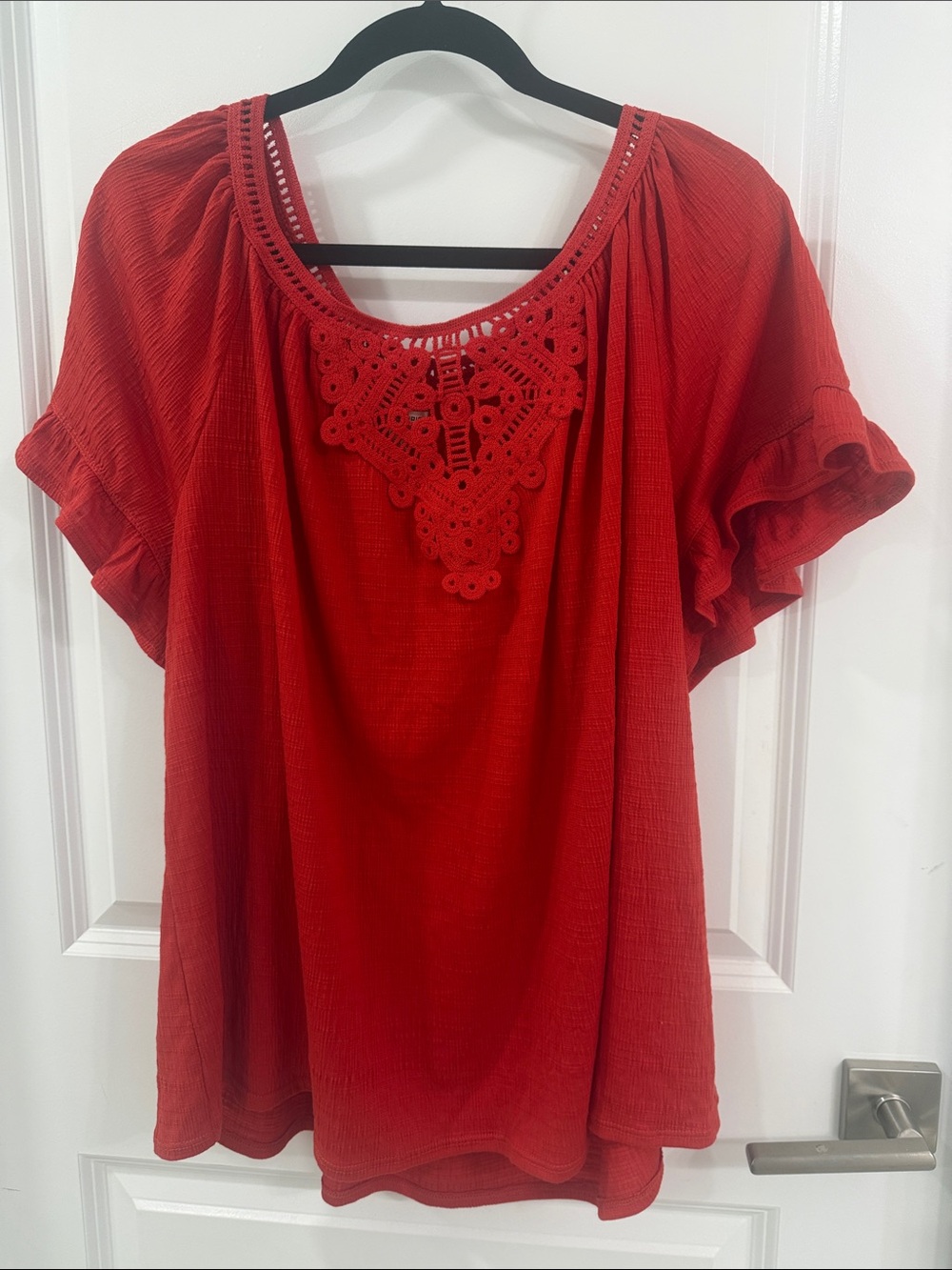Max Studio Red Crochet-Trim Peasant Blouse